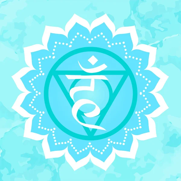 Ilustración vectorial con el símbolo de Vishuddha chakra garganta sobre un fondo azul. Patrón circular de mandalas y letras dibujadas a mano . — Archivo Imágenes Vectoriales