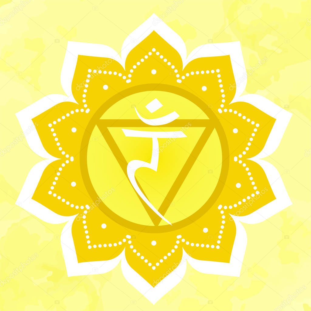 Vector illustration with manipura chakra symbol on yellow background.
