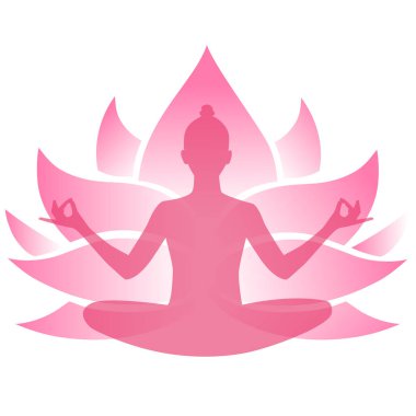Lotus 'da oturan bir kızın silueti. Şeffaf pembe amblem. Vektör Illustration.