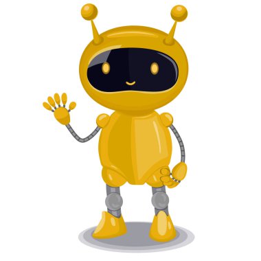 Beyaz arka planda izole edilmiş sarı sevimli robot. Vektör grafikleri.