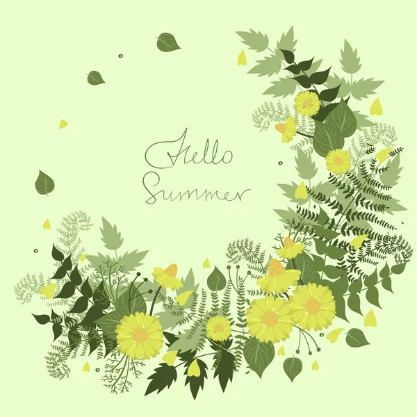 Kulaté rámy květin s nápisem Hello léto. Šablona vektoru. — Stockový vektor