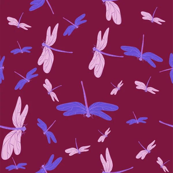 Burgundy seamles stexture with dragonflies. Vector pattern. — Stock Vector