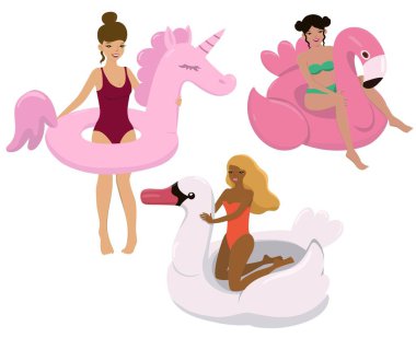 Şişme tek boynuzlu at, flamingo, kuğu lu kızlar seti. Tatil illüstrasyon. Beyaz arka planda yalıtılmış vektör görüntüsü.