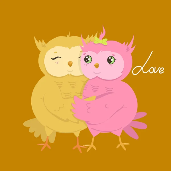 Wenskaart met schattige uilen verliefd. Vector illustratie. — Stockvector