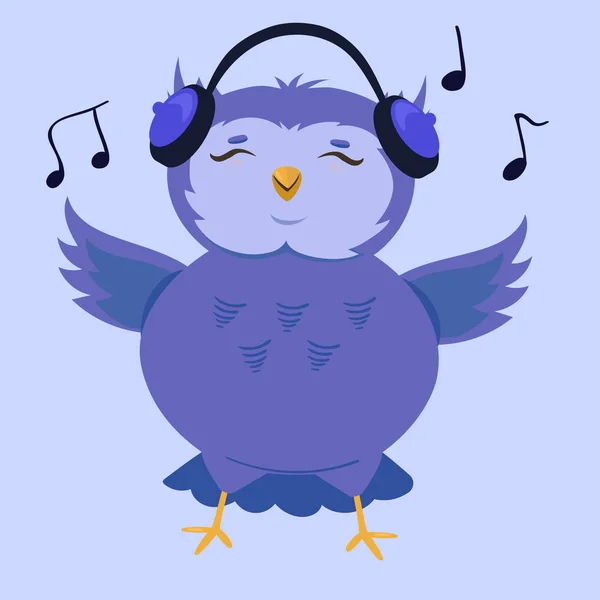 Kreslená pěkná sova naslouchající hudbě. Vektorová ilustrace. — Stockový vektor