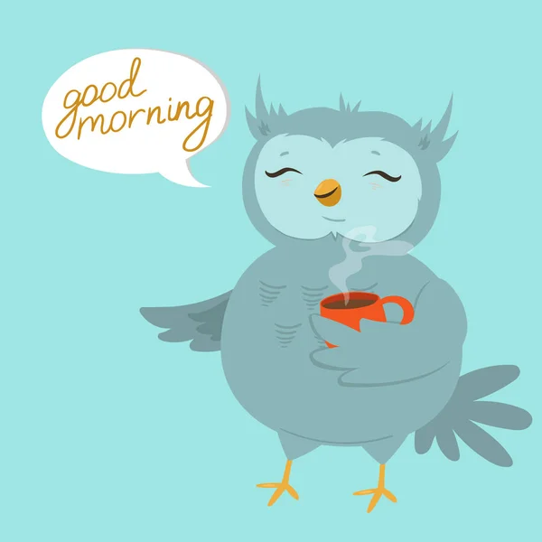 การ์ดที่มีนกฮูกถือแก้ว อักษรอรุณสวัสดิ์ รูปแบบเวกเตอร์ . — ภาพเวกเตอร์สต็อก