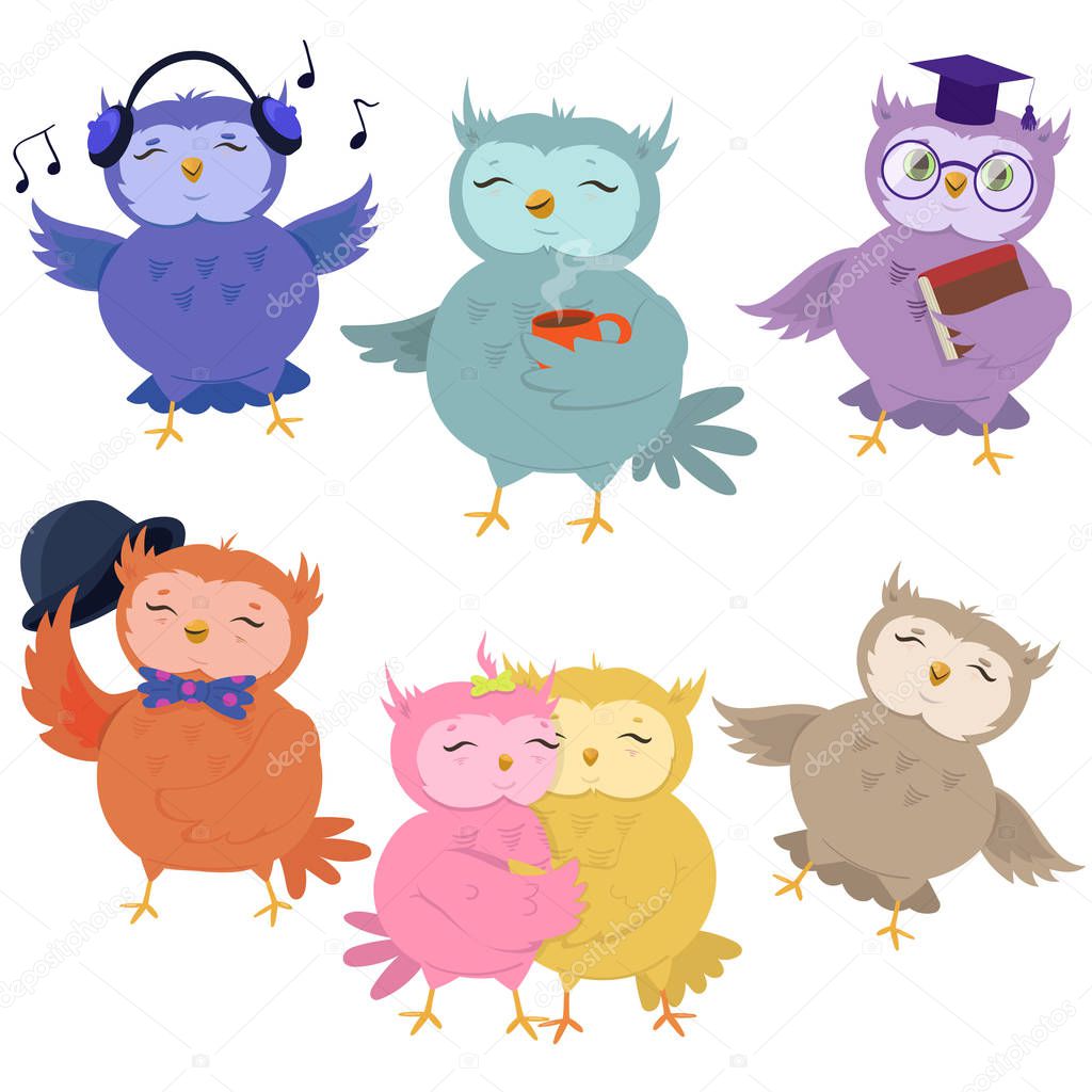 Set of cute owls isolated on white background. Vector image.