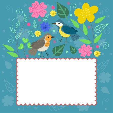 Kuşlar ve bitkiler ile doodle tarzında Çerçeve. Vektör grafikleri