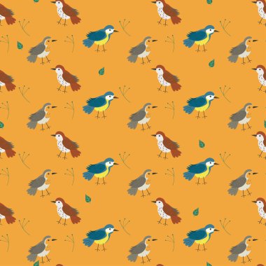 Doodle tarzıturuncu renk kuşlar ile dikişsiz desen.