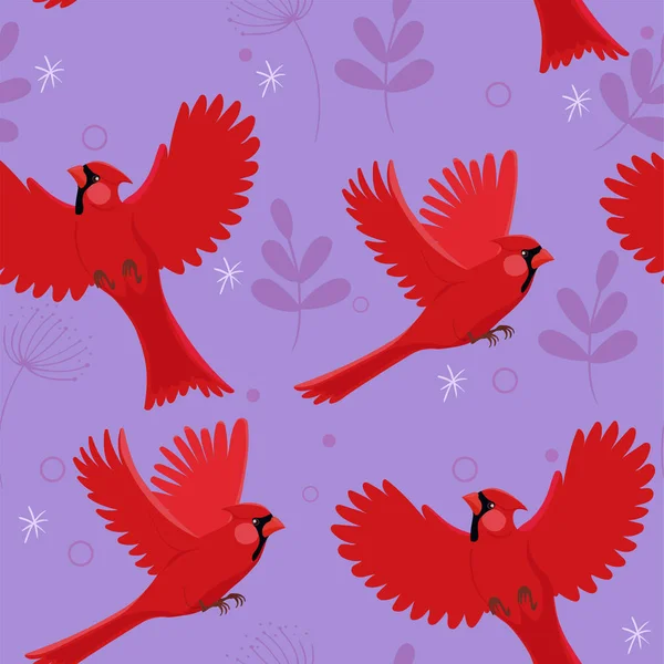 Kırmızı kardinal kuş ve küçük yaprakları ile dikişsiz desen. Vektör çizimi. — Stok Vektör