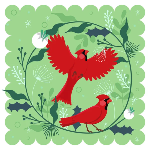 Decorative composition with a bird red cardinal and plant motifs. Vector illustration. — Stock Vector