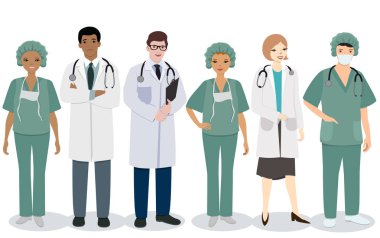 Tıbbi personel. Bir dizi kadın ve erkek tıp mesleği. Beyaz arka planda yalıtılmış vektör görüntüsü.