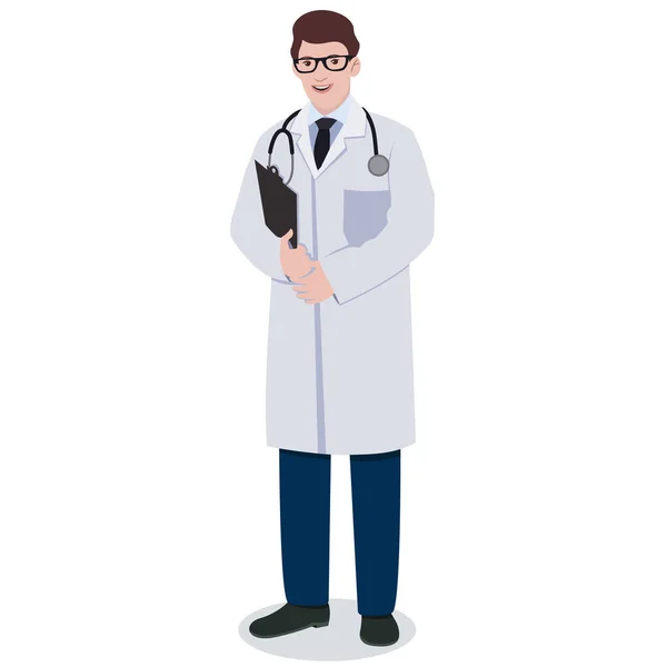 Doctor con una carpeta y un estetoscopio. Ilustración aislada sobre fondo blanco. Imagen vectorial . — Vector de stock