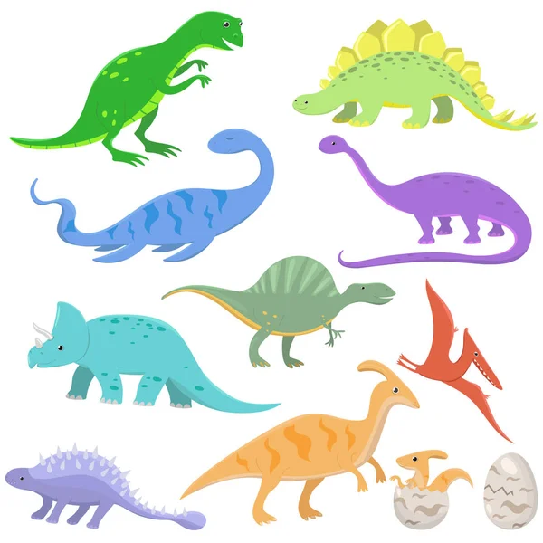 Ensemble de dinosaures de couleur dans le style de dessin animé. Illustration vectorielle isolée sur fond blanc . — Image vectorielle