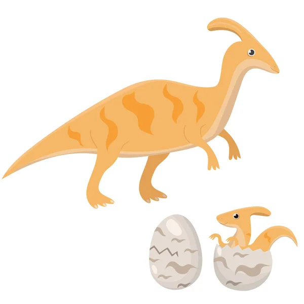 Familia de dinosaurios Mama dinosaurio y bebé dinosaurio eclosionan de huevo. Imagen vectorial aislada sobre fondo blanco . — Archivo Imágenes Vectoriales
