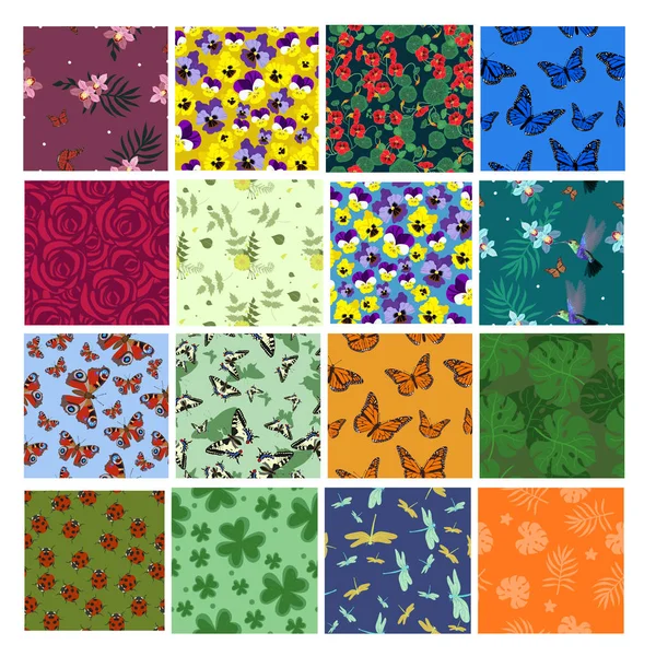 Set of flower seamless patterns with butterflies, dragonflies, ladybirds, flowers. Vector templates for fabrics, wrapping paper and other. — Stock Vector