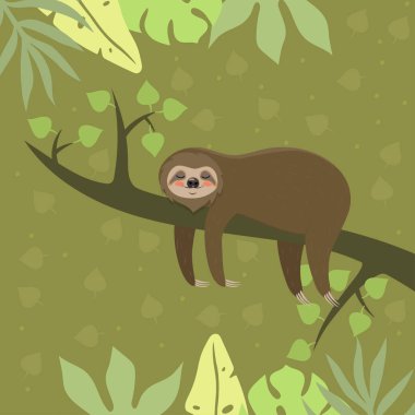 Tembel lik bir dal üzerinde direnir. Kartpostal şablonu. Vectornac illüstrasyon.