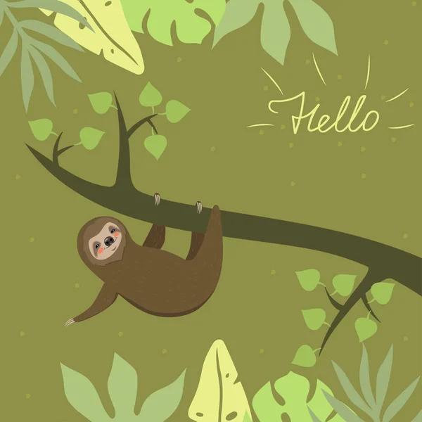 Sloth hanging on a twig. Template postcard with the words hello. Vector illustration. — Stock Vector