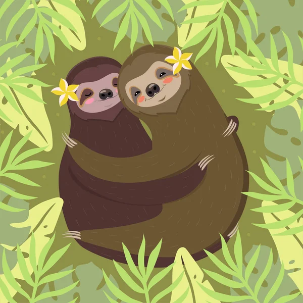 A couple of sloths hugging. Green card with palm leaves and sloths. Vector image. — Stock Vector