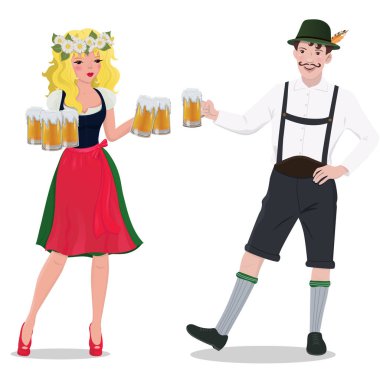 Oktoberfest'te bir kadın ve bir erkek. Beyaz arka planda izole edilmiş. Vektör grafikleri.