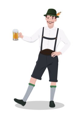 Oktoberfest kostümlü bir adam elinde bir bardak bira tutuyor. Beyaz arka planda izole edilmiş. Vektör grafikleri.