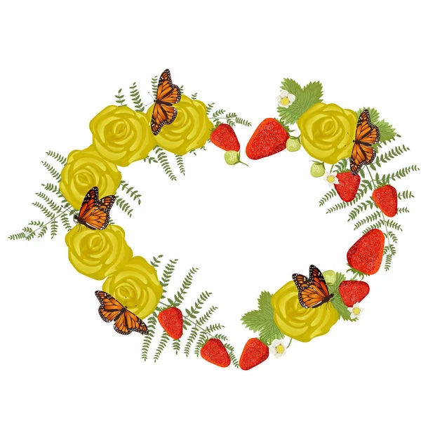 Рамка в форме сердца из клубники, роз, листьев папоротника и бабочек. Декоративный элемент изолирован на белом фоне. Векторная графика . — стоковый вектор