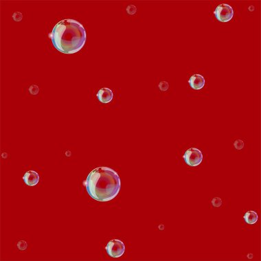 Kırmızı arka plandaki sabun kabarcıkları. Sorunsuz bir desen olarak kullanılabilir. Vektör grafikleri.