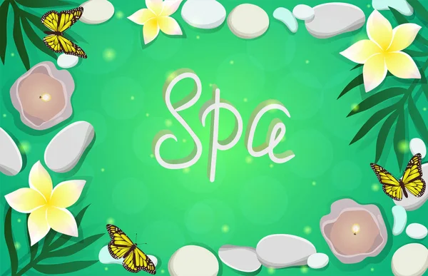 Banner voor spa salon. Frame van stenen, Plumeria, Palm bladeren, kaarsen, Palm bladeren. Spa inscriptie. Vector illustratie. — Stockvector