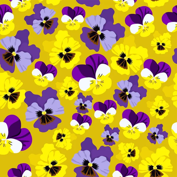 Seamless pattern with pansies on yellow background. Vector graphics. — Stock Vector