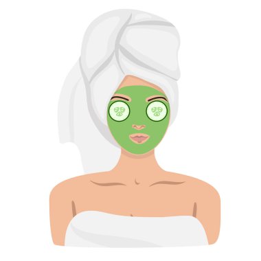 Spa'da başında havlu ve yüzünde maske olan bir kadın. İzole görüntü. Vektör grafikleri.