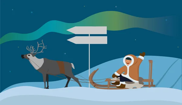 Banner mit einem Eskimo auf einem Rentierschlitten. Landschaft mit den Nordlichtern. Vektorillustration. — Stockvektor