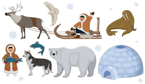 Conjunto de esquimós étnicos com animais polares. Coruja polar, urso, morsa, veado. Ilustração vetorial isolada sobre fundo branco . — Vetor de Stock