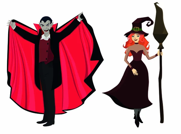 O Drácula e a bruxa. Personagens de Halloween. Isolar no fundo branco. Gráficos vetoriais . —  Vetores de Stock