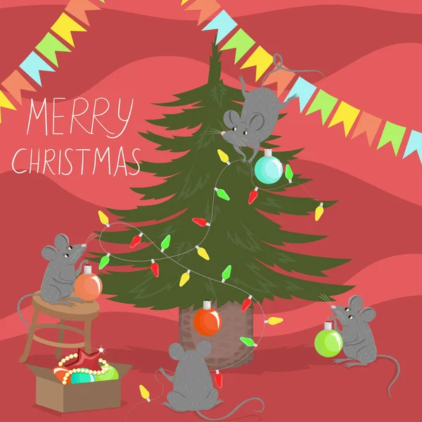 Poster Merry Christmas. Mice decorate the Christmas tree. The symbol of 2020. Vector graphics.