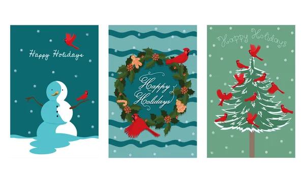 A collection of three New Year cards with a bird red cardinal. Vector graphics. — Stock Vector