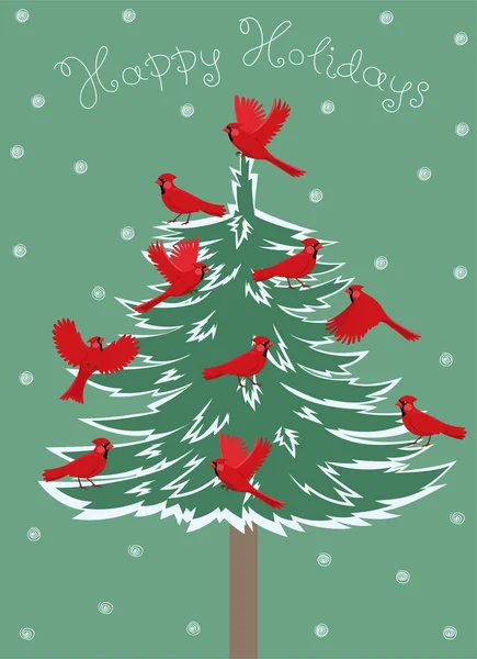 Ευχετήρια κάρτα με πουλιά κόκκινο Καρδινάλιο κάθεται στο χριστουγεννιάτικο δέντρο. Διανυσματικά γραφικά. — Διανυσματικό Αρχείο