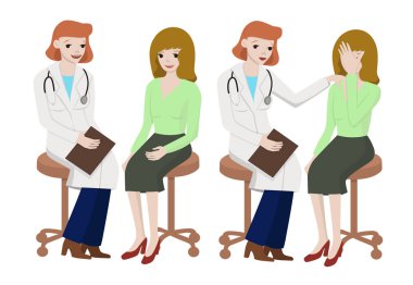 Doktor hasta ile konuşur. Doktor ve hasta beyaz arka planda izole. Vektör grafikleri.