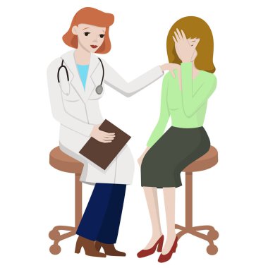 Doktor hasta ile konuşur. Doktor ve hasta beyaz arka planda izole. Vektör grafikleri.