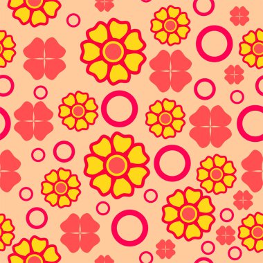 Sarı çiçekler ile Dikişsiz geometrik desen kırmızı. Vektör grafikleri.