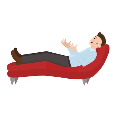 Psikolog bir resepsiyonda bir adam. Adam kanepede yatıyor. Bir Psikoloğla konuş. Beyaz arka planda yalıtılmış vektör grafikleri.