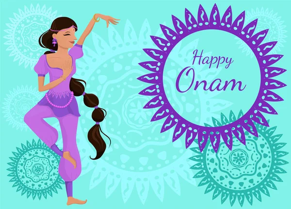 Cartel o pancarta de felicitación con la inscripción Happy Onam. Una hermosa mujer india en una pose de baile. Gráficos vectoriales . — Vector de stock