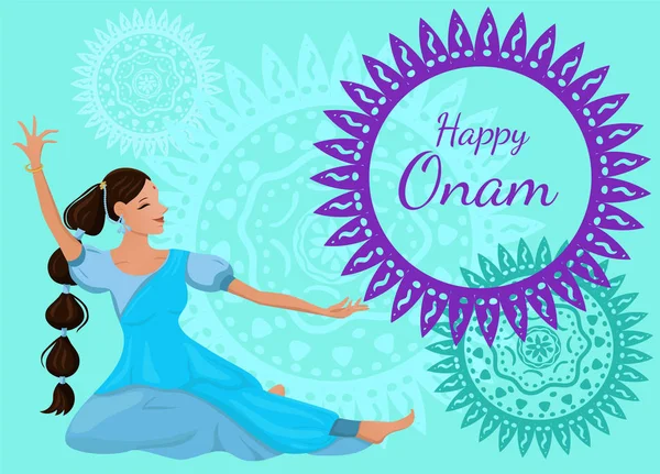 Cartel o pancarta de felicitación con la inscripción Happy Onam. Una hermosa mujer india en una pose de baile. Gráficos vectoriales . — Vector de stock