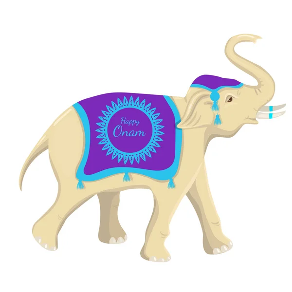 En elefant i en filt med inskriptionen Happy Onam. Vectonic Graphics isolerad på vit bakgrund. — Stock vektor