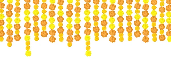 Гірлянди чорнобривців висять вниз ізольовані на білому тлі. Кордон з квітами. Формат горизонтального банера. Векторна графіка . — стоковий вектор