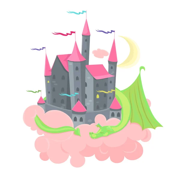 Castelo nas nuvens com um dragão adormecido. Ilustração das crianças isoladas sobre fundo branco. Gráficos vetoriais . —  Vetores de Stock