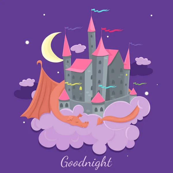 Slottet på en sky med en sovende drage. Eventyrbørn illustration. Vektorgrafik . – Stock-vektor