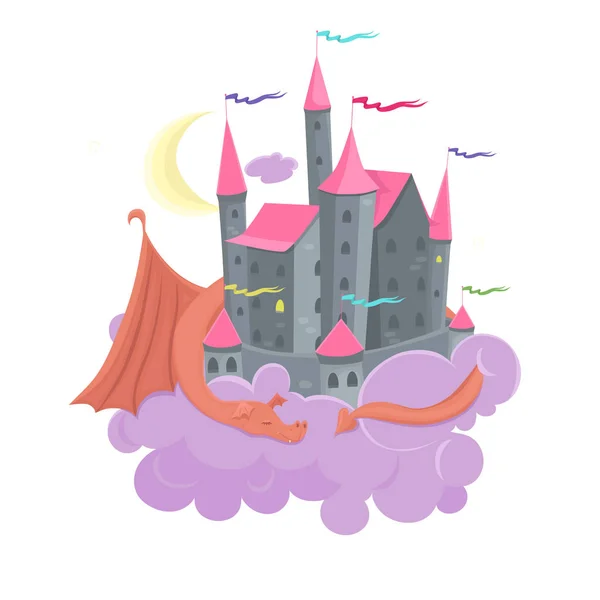 Castelo nas nuvens com um dragão adormecido. Ilustração das crianças isoladas sobre fundo branco. Imagem vetorial . —  Vetores de Stock