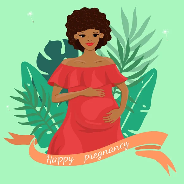 임신 한 흑인 여성과 인사말 카드. 벡터 그래픽. — 스톡 벡터
