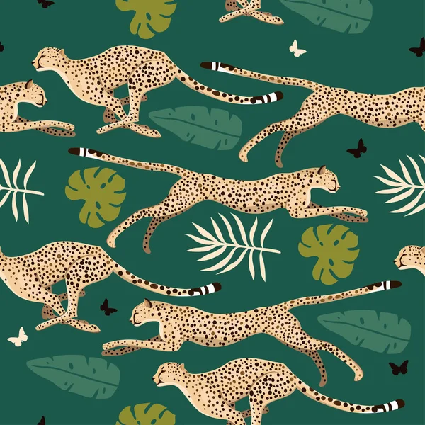 Modèle sans couture avec guépards et feuilles. Graphiques vectoriels . — Image vectorielle