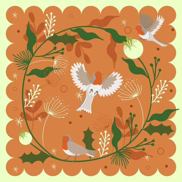 Tarjeta de felicitación de aves petirrojo con elementos vegetales. Gráficos vectoriales . — Archivo Imágenes Vectoriales